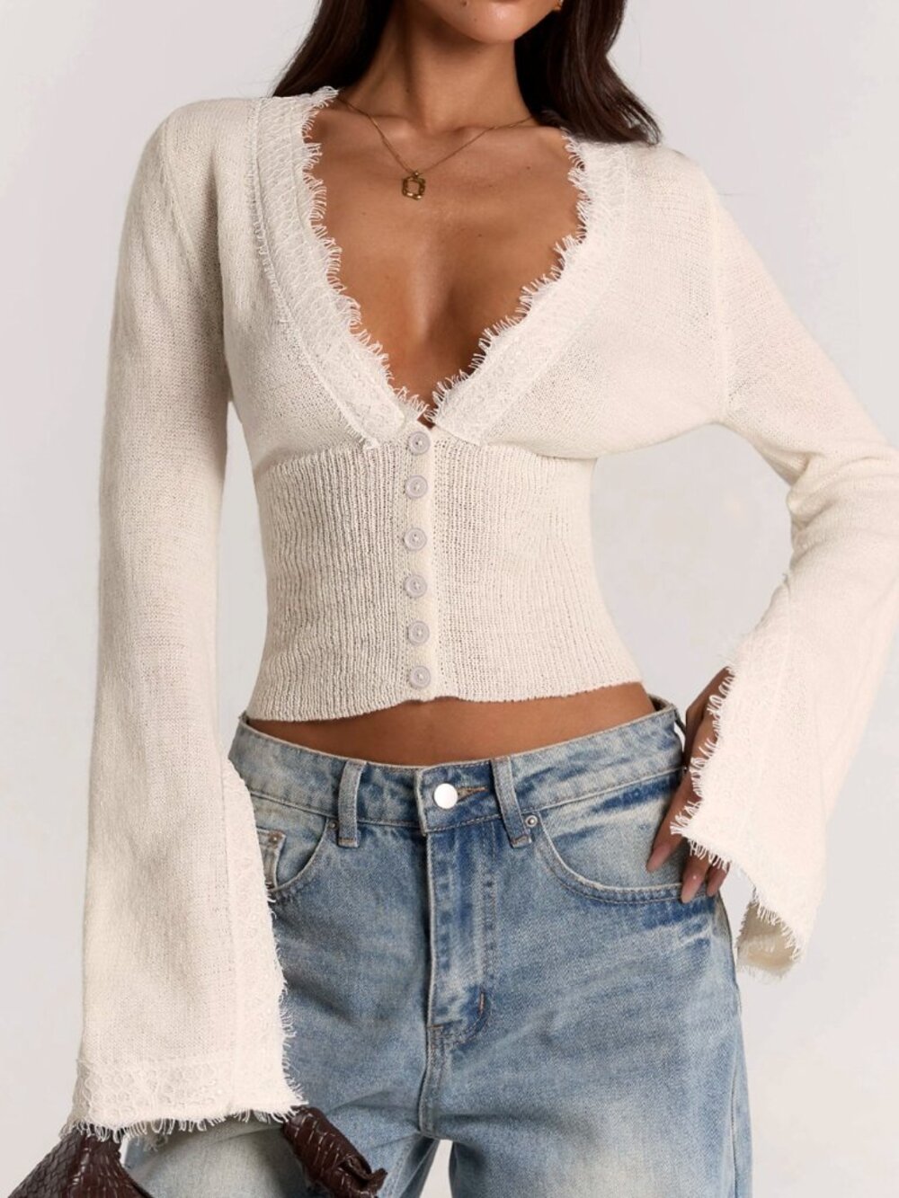 Beige Casual Women's Deep V Rib-Knit Button Front Slim Fit Sweater